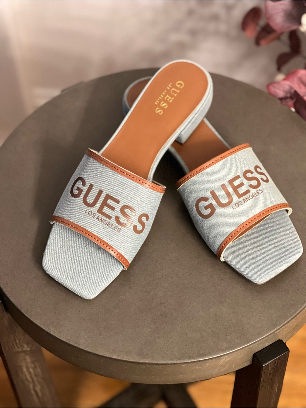 GUESS Light Blue Denim Slide Mules with Tan Accents